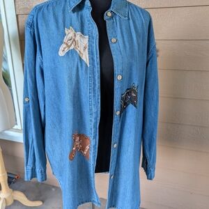 Blue Denim Shirt with Horses And Sequins